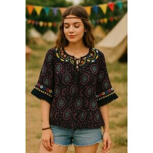 Boho Festival Top Embroidered Mirror Tassel Beaded Gypsy Hippie Blouse Sz S